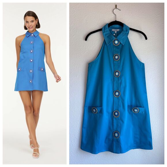NWT My Beachy Side Amber Hand Crochet Buttons Halter Mini Dress in Blue Sz Small - Picture 1 of 16